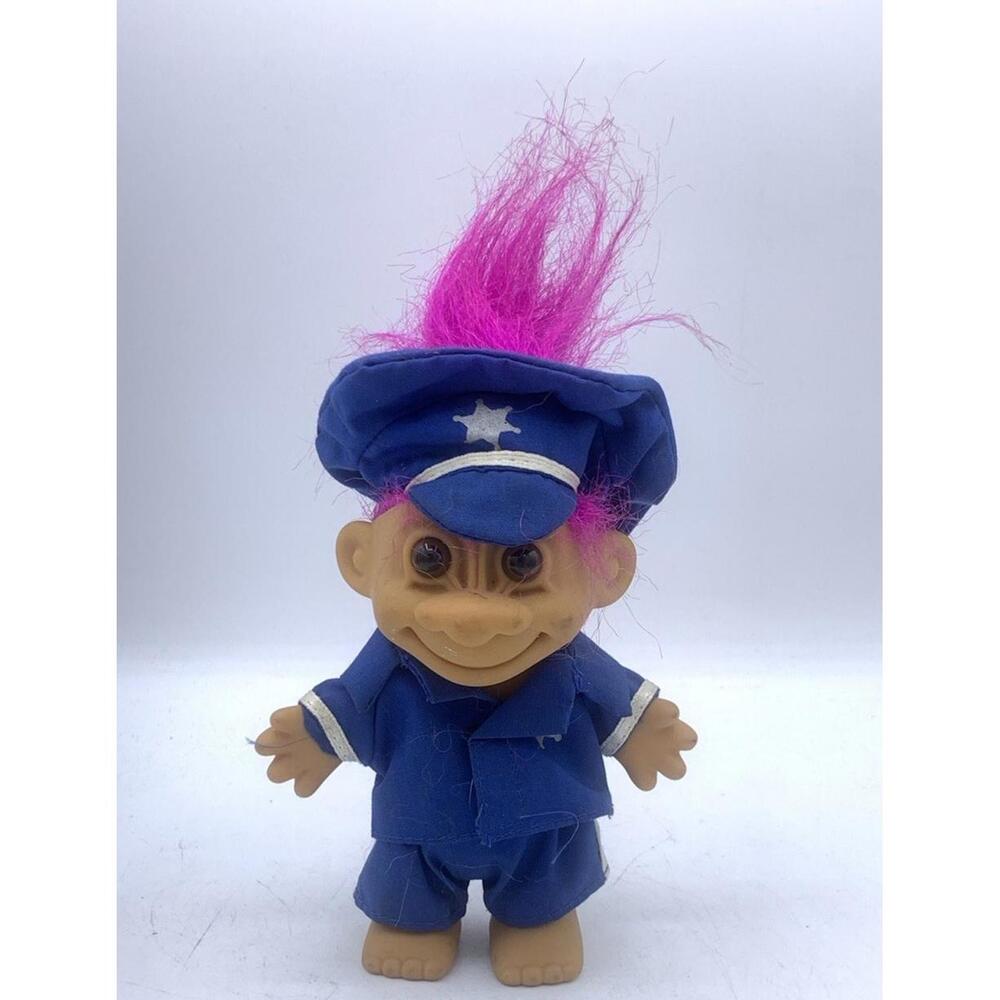 Vintage Russ Troll Doll Police Officer Purple Pink Hair Blue Hat Uniform Patrol